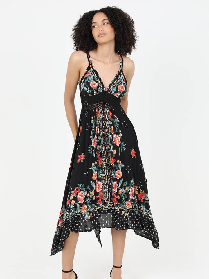 C4B17-A652 V NECK HANKY HEM MIDI DRESS WITH LACE WAIST for wholesale by ANGIE