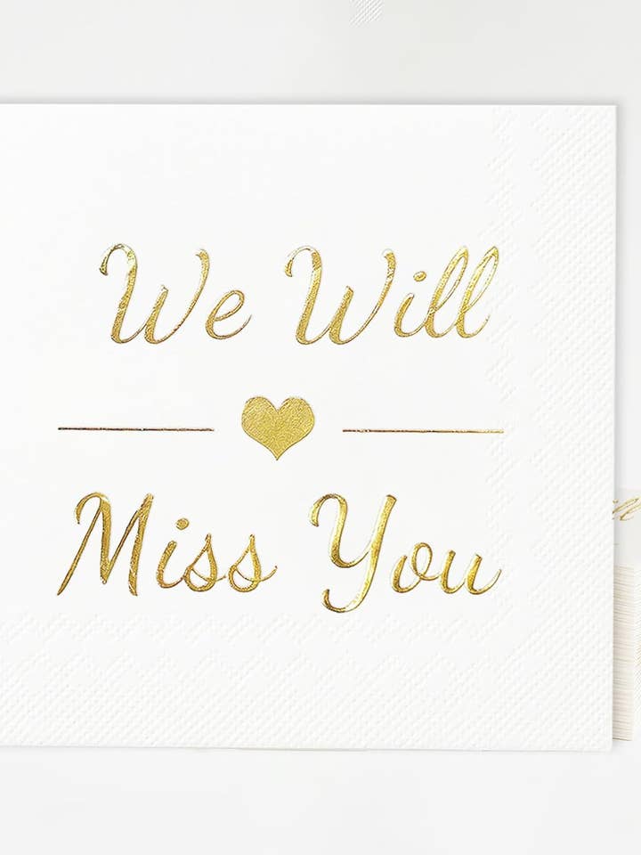 1001 We Will Miss You Napkinswhite cocktail napkins for retirement, farewell, and coworker goodbye parties. for wholesale by sylvarastudio