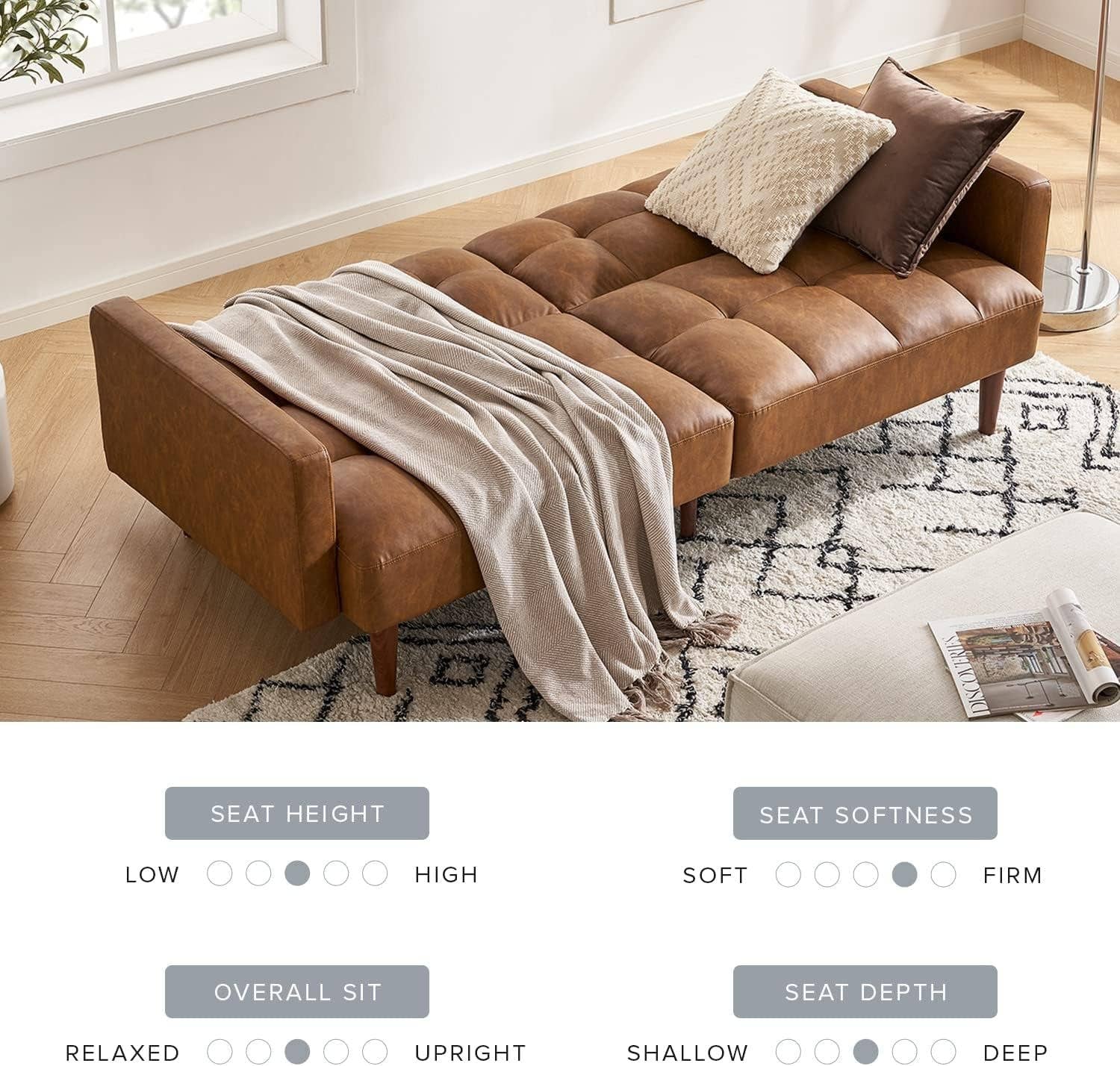 Pecan Brown Faux Leather Mid Century Modern Multi Functional Sofa Bed Futon for wholesale on Faire5