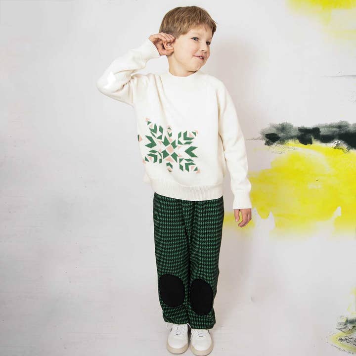 Infantium Victoria - Wholesale Broek - Kinderen - Zwart en groen pied-de-poule kinderbroek met kniestukken1