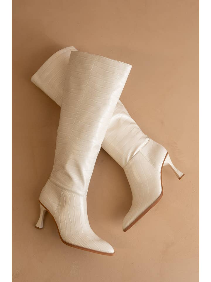 SOLD OUTThe Vanessa Off White | Reptile Print Knee High Boot for wholesale on Faire