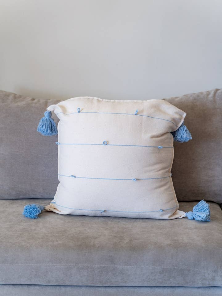 Cream with Sky Blue Globos Throw Pillow for wholesale by Woven Mexico
