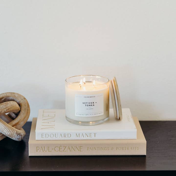 Calyan Wax Co. - Wholesale Jar/Filled Candle - Vetiver + Tonka - 3 Wick Clear Glass Tumbler Soy Candle1