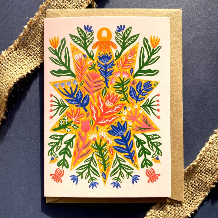 Yellow Festive Star Bauble Christmas Card for wholesale by Samantha Dolan