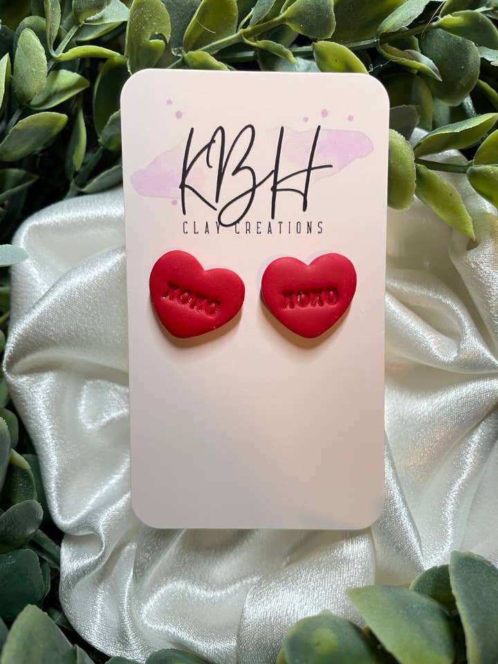 Red XOXO Heart Stud Clay Earrings for wholesale by KBH CREATIONS