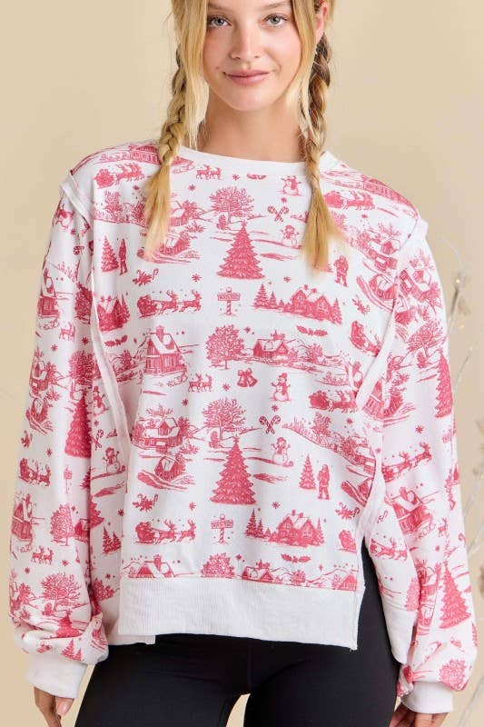 Red Holiday Toile Print Sweatshirt Ready to Ship Cozy Christmas for wholesale on Faire