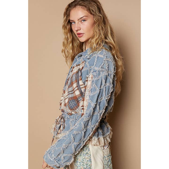 Pol Clothing - Wholesale Jacket - Women's - Balloon sleeve plaid contrast ruffle detail jacket