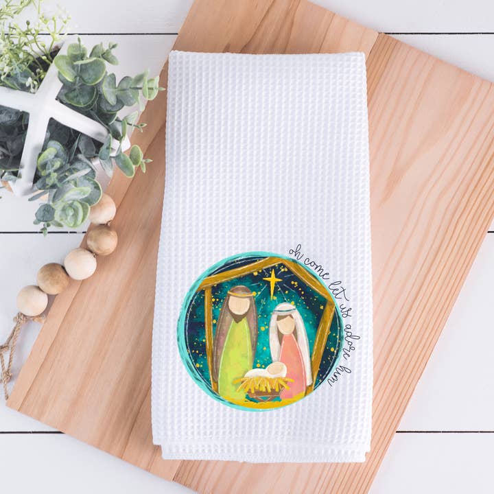 Torchon de cuisine de Noël Oh Come Let Us Adore Him pour la vente par Painted Skies