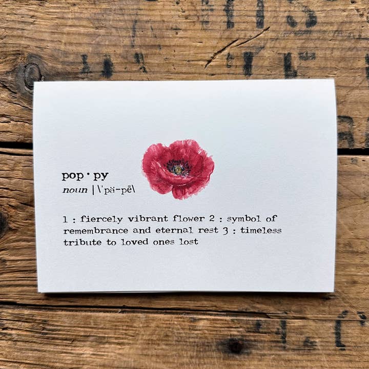 carte de vœux avec définition de coquelicot en police de machine à écrire pour la vente par Alison Rose Vintage