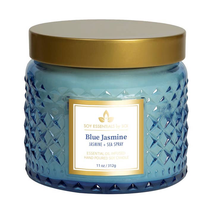 Blue Jasmine 11oz Faceted Glass Jar Soy Candle for wholesale by The SOi Company
