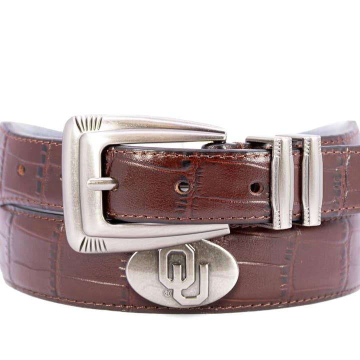 Oklahoma Sooners Men's Collegiate Croc Leather Belt. Sooners Gift. Oklahoma Belt. Brown Croc Pattern Full Grain Finish With Metal Emblem Conchos. for wholesale by Zep-Pro