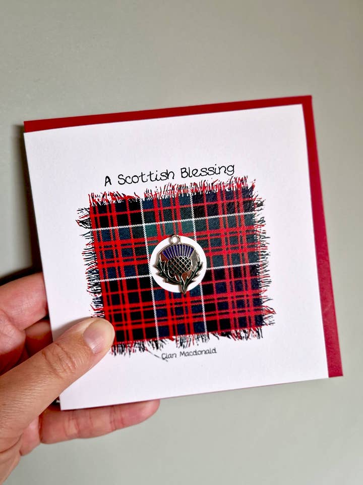Clan Macdonald Tartan Thistle Enamel Charm Card JB34 for wholesale by Wee Wishes