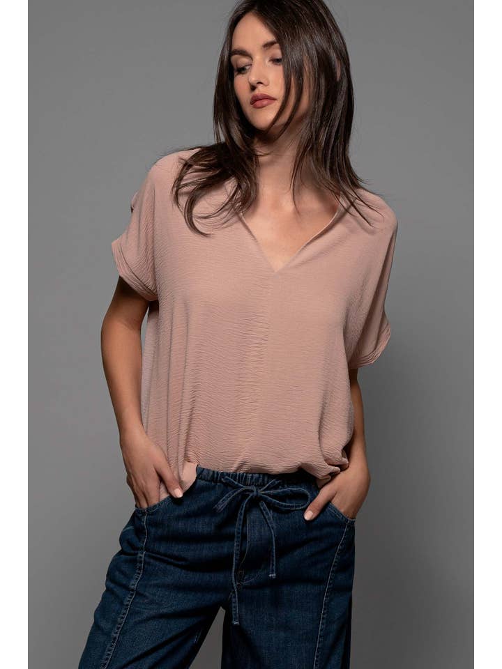 Urban Daizy - Wholesale Blouse - Women's - Relaxed V-Neck Top with Folded Sleeves