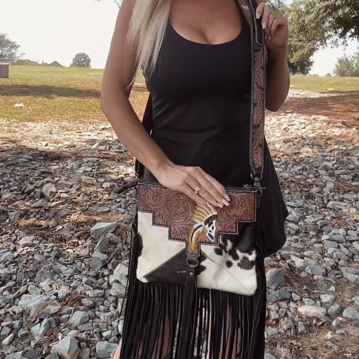 Southwest Cowhide and Tooled Leather Western Purse Crossbody for wholesale by Texas Western Cowhide Bags and More