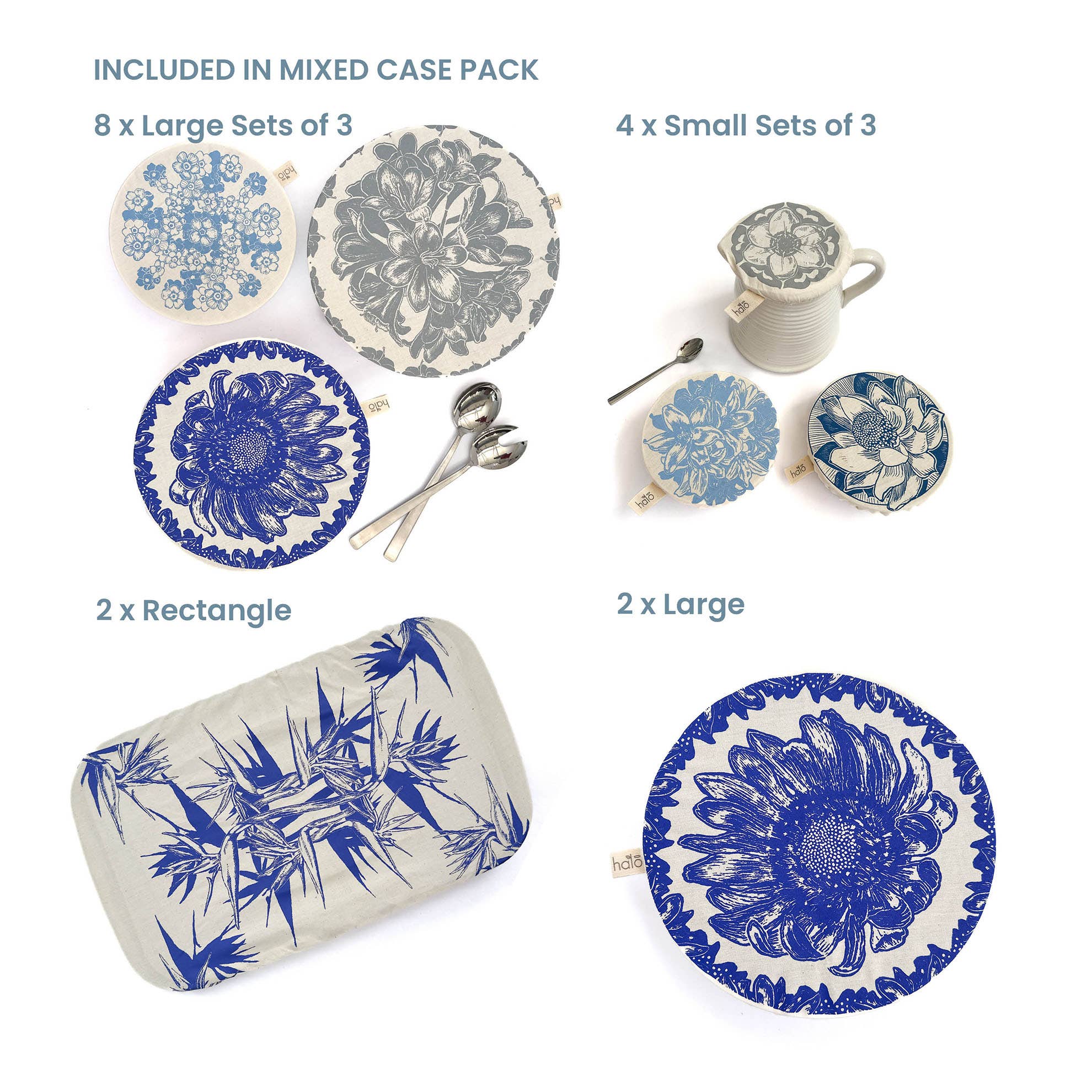 Halo Dish Covers - Wholesale Food Storage Wrap/Bag - Halo Dish & Bowl Cover Mixed Case | Flower Print:16pc1