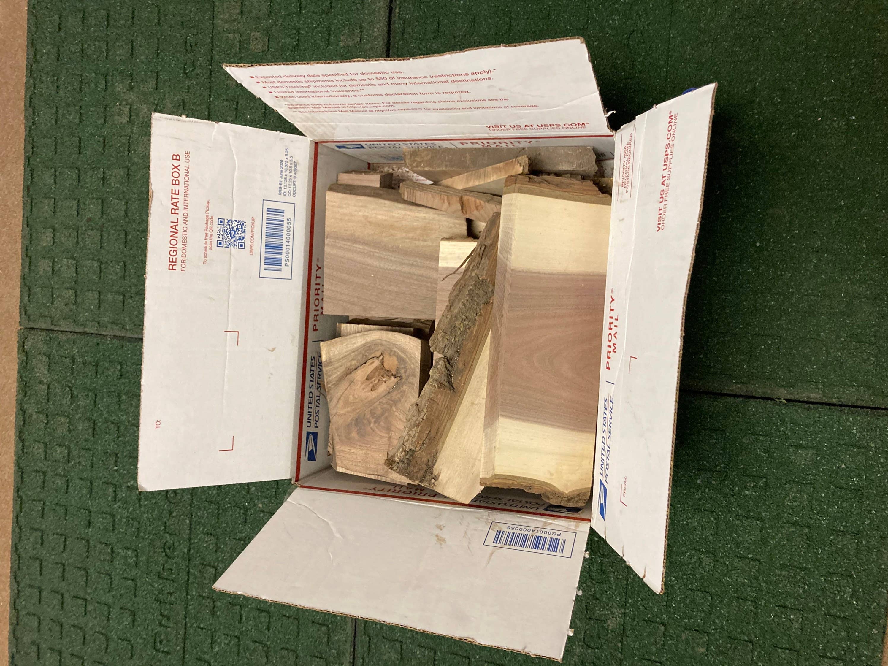 Stumps Custom Wood – wholesale Craft supplies – 8lb Walnut Slabs & Wood Scrap Sticks Craft Bundle Box1