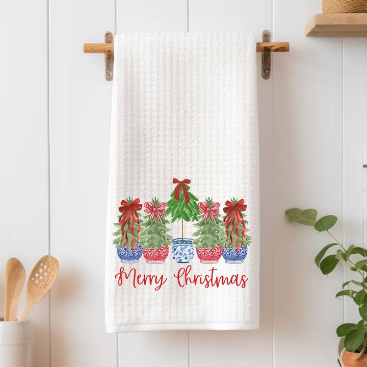 Chinoiserie Christmas Trees Preppy Bow Kitchen Towel for wholesale by Painted Skies