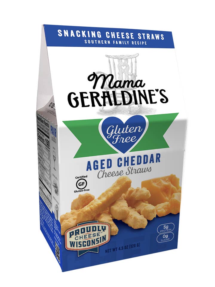 Pailles de fromage cheddar vieilli sans gluten de 4,5 oz pour la vente par Mama Geraldine's
