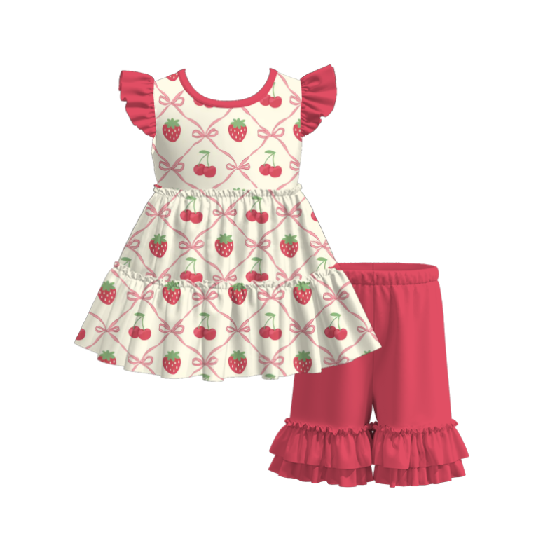 Auraquise - Vente Ensemble haut et short – enfant - Ensemble robe douce et short imprimé cerises et fraises rouges d'été pour filles1