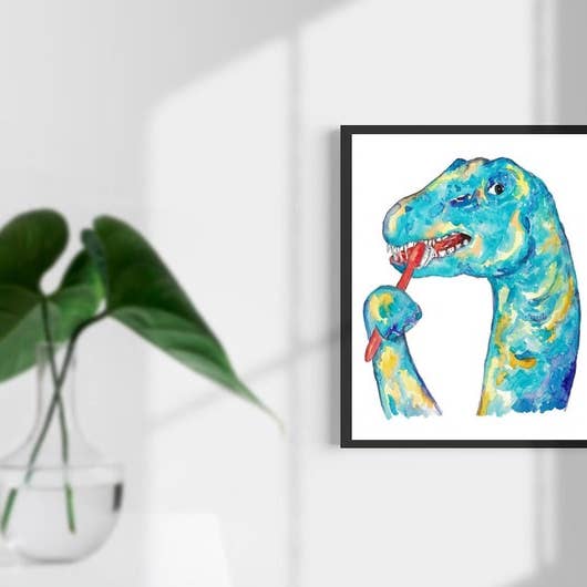 Goodfairyart – Engroshandel Kunsttryk – Brontosaurus Børstning Tænder Dinosaur Maleri Akvarel2