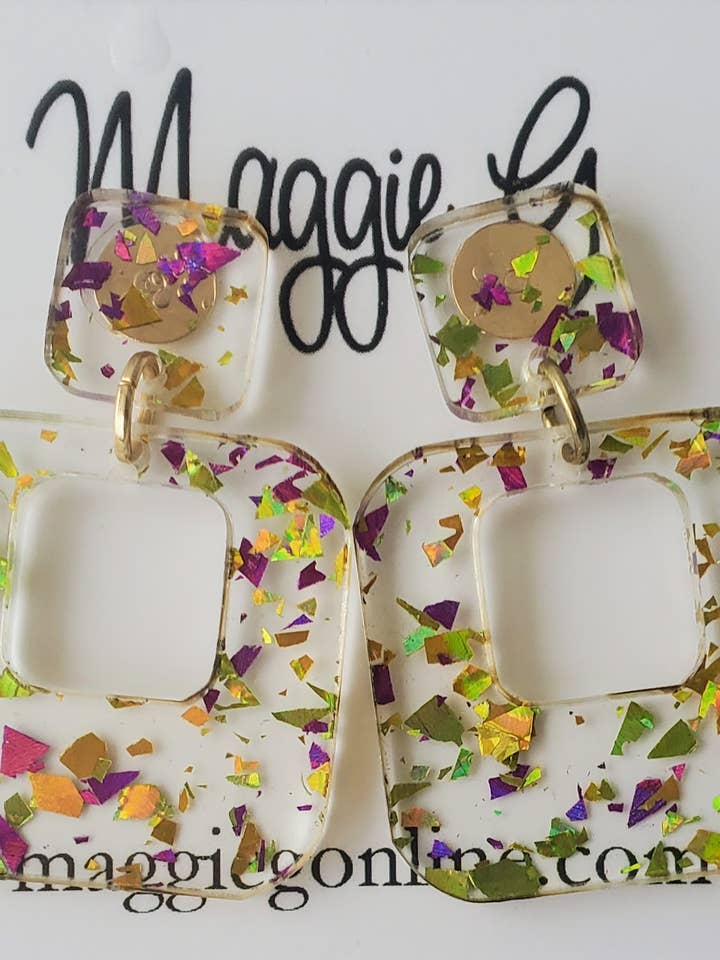 Orecchini con Scaglie di Glitter Viola Verde & Oro di Mardi Gras per la vendita all'ingrosso da parte di Maggie G