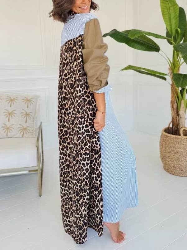 Rosa Clothing - Wholesale Dress - Women's - Casual leopard striped patchwork maxi shirt dress1
