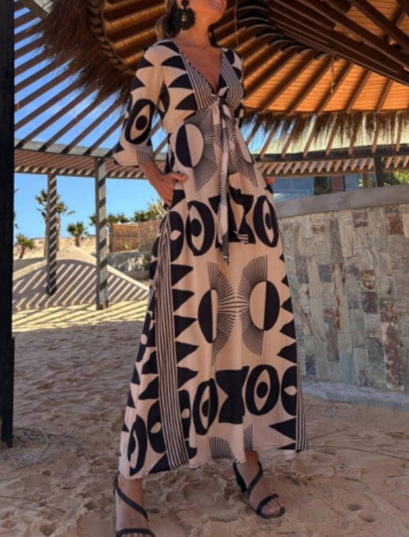 BLACK Boho Tribal Print Kaftan Dress for wholesale on Faire1
