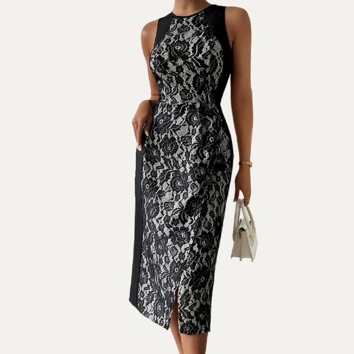 Klassisk blonderblomstret rund hals ærmeløs bodycon midikjole for engroshandel hos The Moment Collection