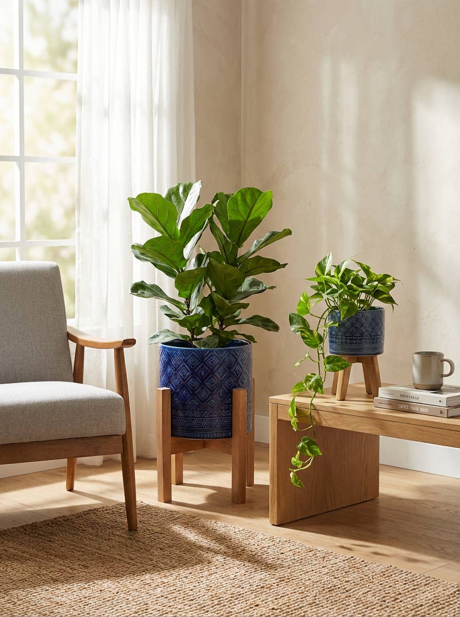 Flora Bunda Inc - Wholesale Plant Pot - Set of 2 Blue Embossed Planters with Wooden Stands – Décor2