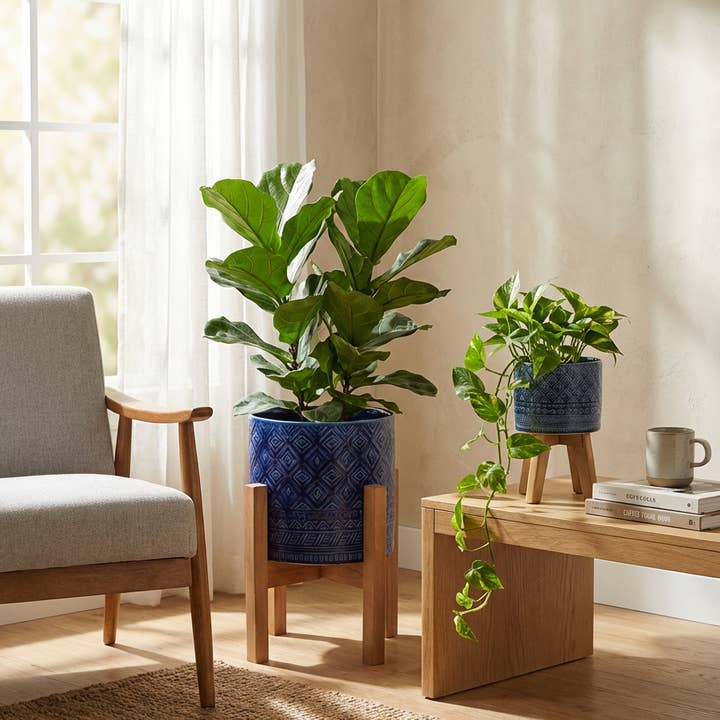 Flora Bunda Inc - Wholesale Plant Pot - Set of 2 Blue Embossed Planters with Wooden Stands – Décor2