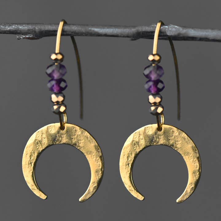 KBD Studio - Wholesale Dangle Earrings - Brass Hammered Crescent Moon w/ Semi Precious Earrings0