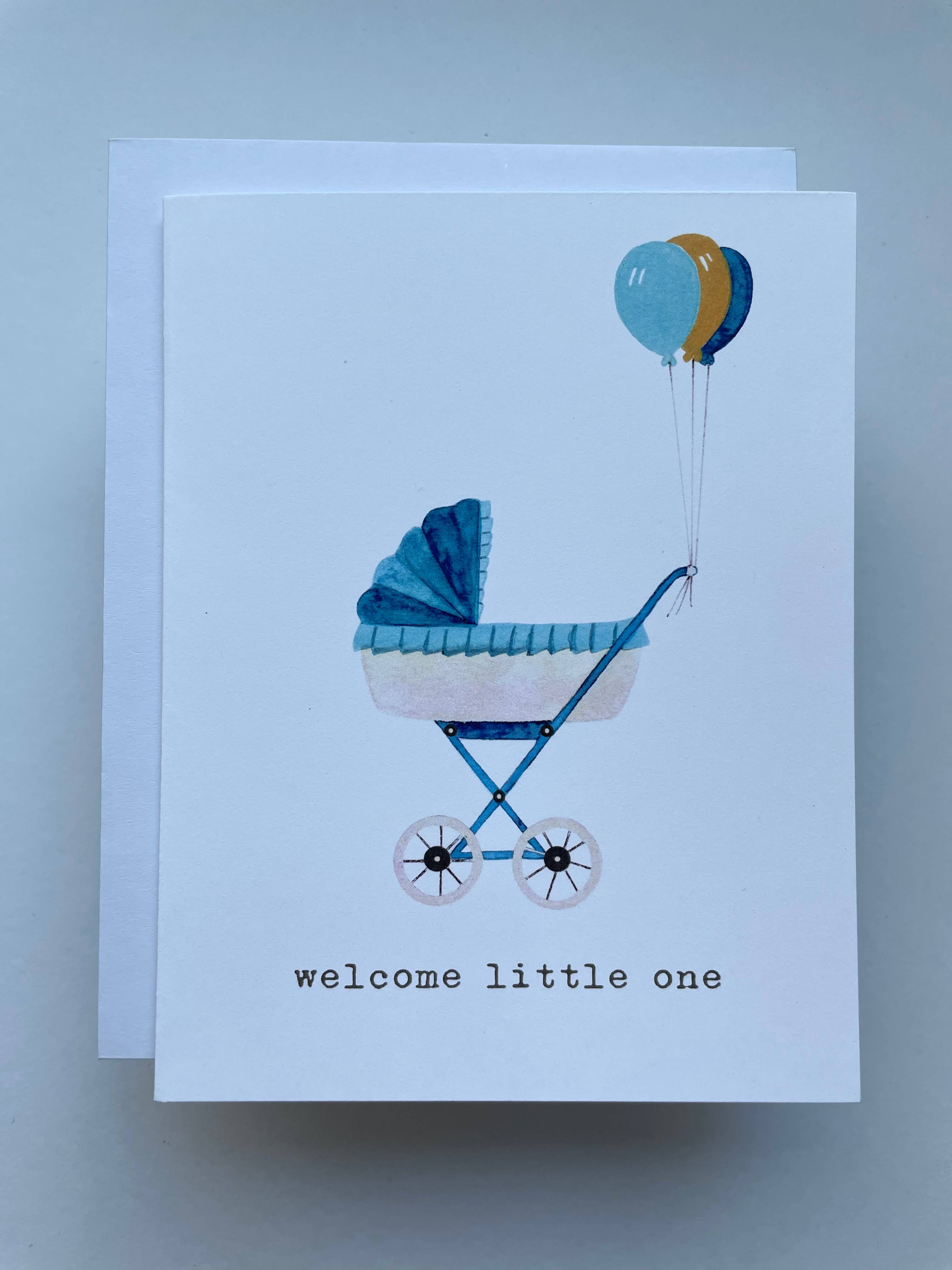 Kristin Schmidt Artist - Wholesale Babykaartje - Welcome Little One - Tan Pram - Wenskaart met waterverf1