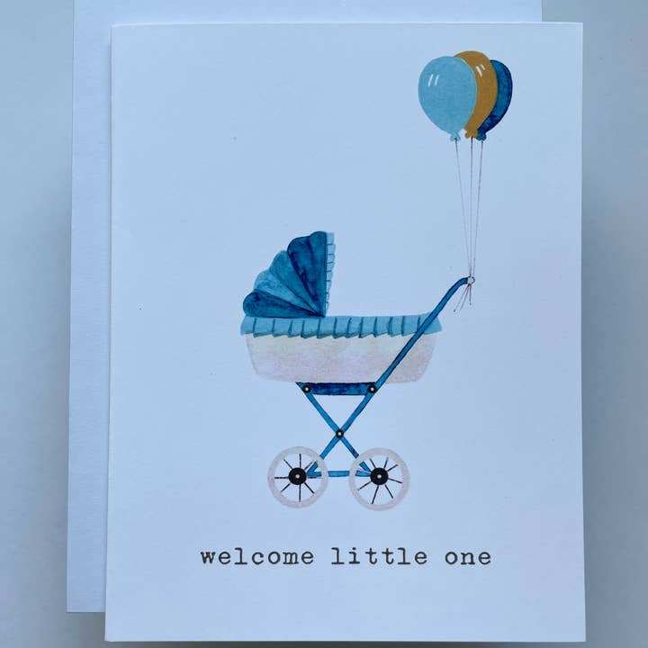 Kristin Schmidt Artist – Engroshandel Babykort – Velkommen Little One - Tan Pram - Akvarel lykønskningskort1