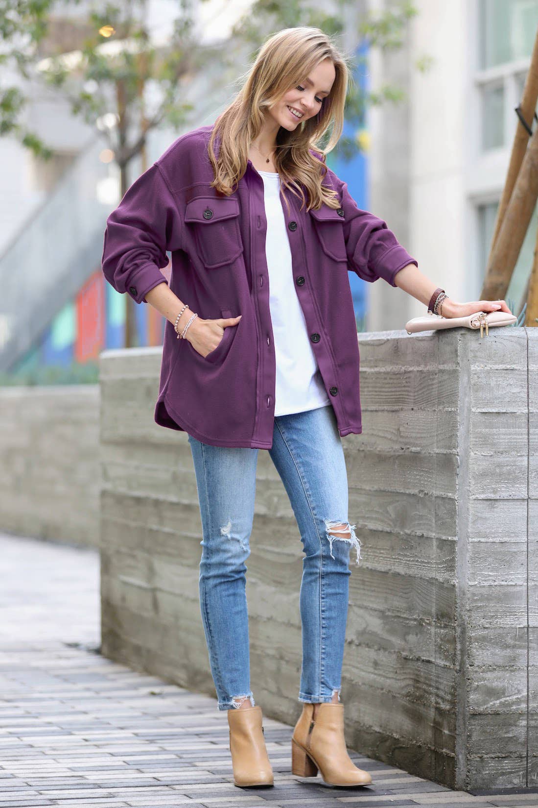 42POPS – Casaco camiseiro – Mulher por atacado – Sobrecamisa de Lã Sobredimensionada c/ remendo no cotovelo8