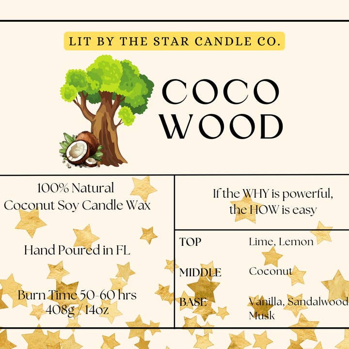 Coco Wood - Mat Sort Glas Kokosnød Soyavokslys for engroshandel hos Lit By The Star Candle Co.
