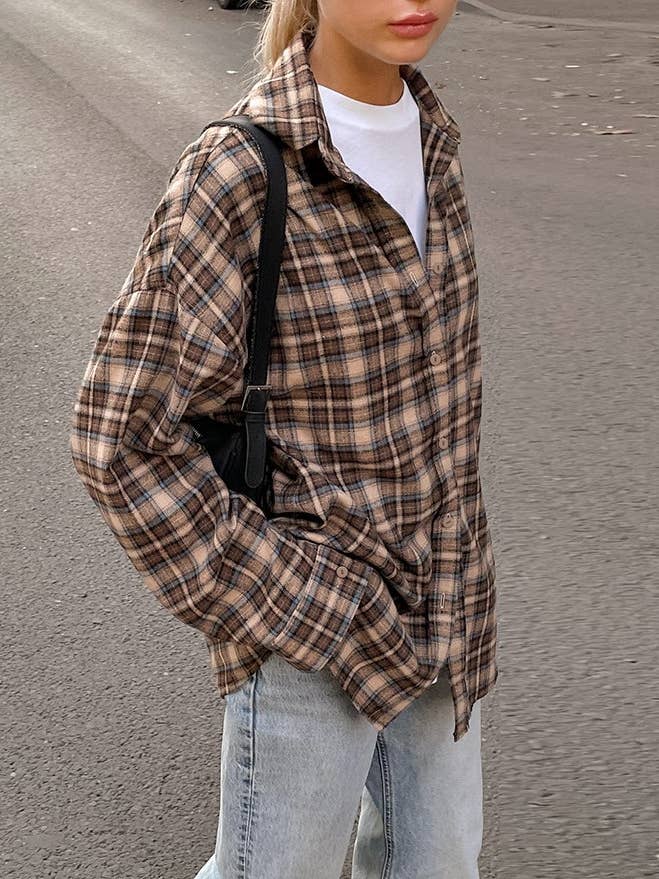 Khaki Loose American vintage long design plaid shirt for wholesale on Faire1