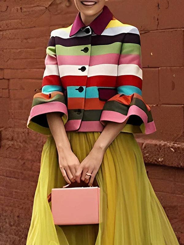 COLORFUL Puff Sleeve Striped Lapel Blouse – Multi-Colored for wholesale on Faire