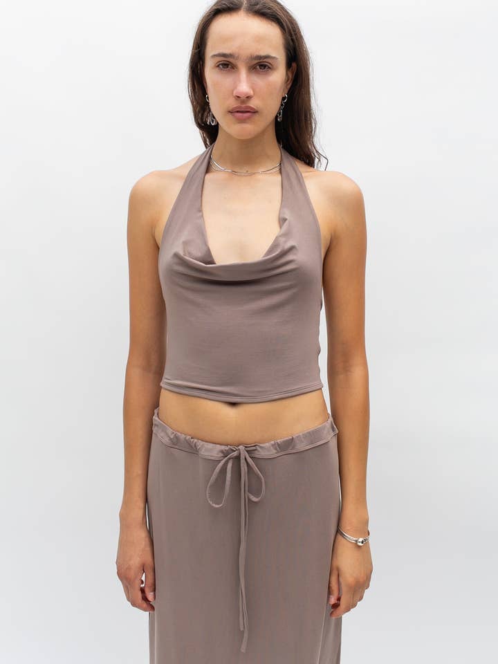 Zoey Top Halter Neck Cropped Knit Top Sable Viscose Spandex for wholesale on Faire