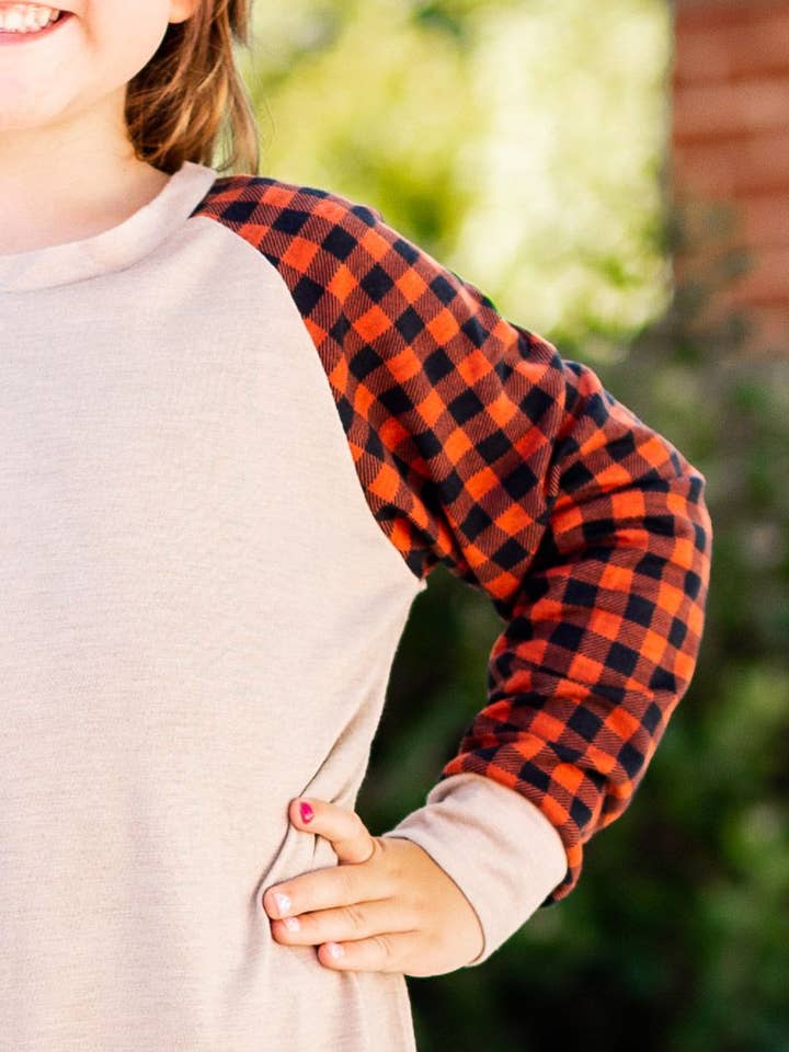BGE Girls' Tan Longsleeve Tee with Orange Gingham Sleeves for wholesale on Faire