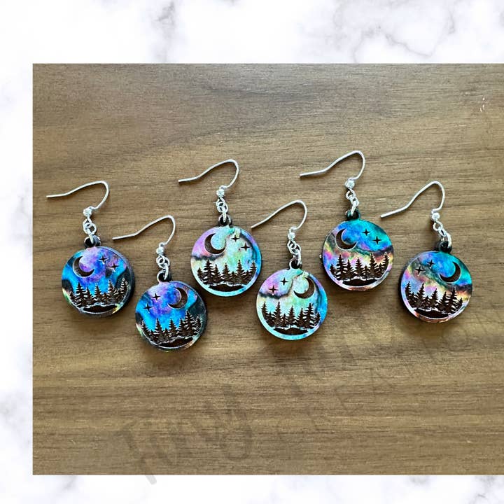 Forest and Moon Engraved Circle Wood Earrings for wholesale by Tiny Turtle Creations