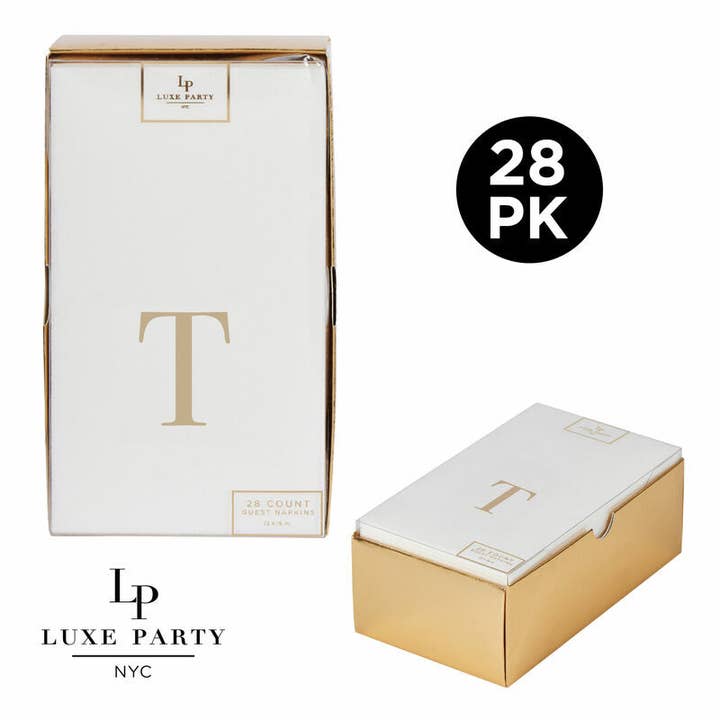 Letter T Gold Foil Monogram Paper Dinner Napkins with Gift Box | 28 Napkins for wholesale by Luxe Party