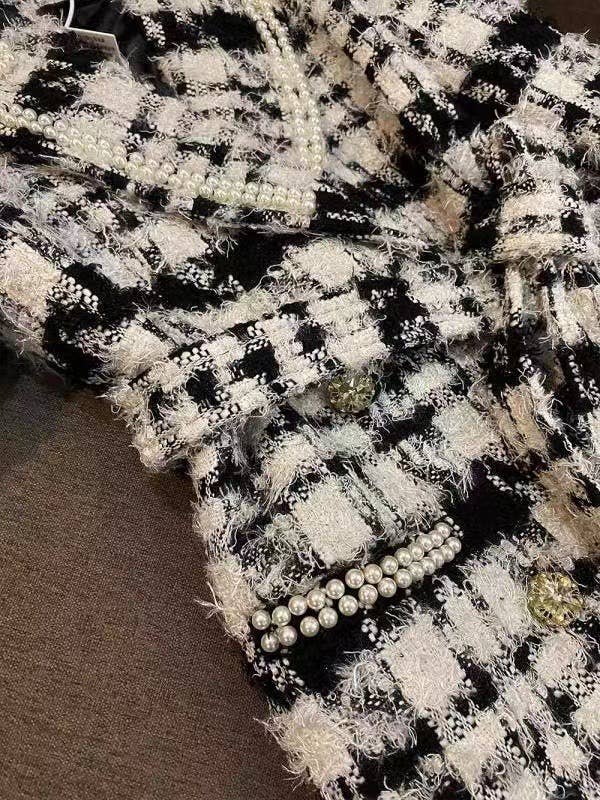Multi Colored SY374 Handmade Beaded Belt Black & White Checkered Wool Coat for wholesale on Faire3