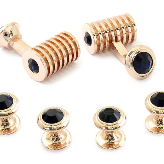 Rose Gold Blue Swarovski Barrel Cufflinks and Studs for wholesale by Cuff-Daddy
