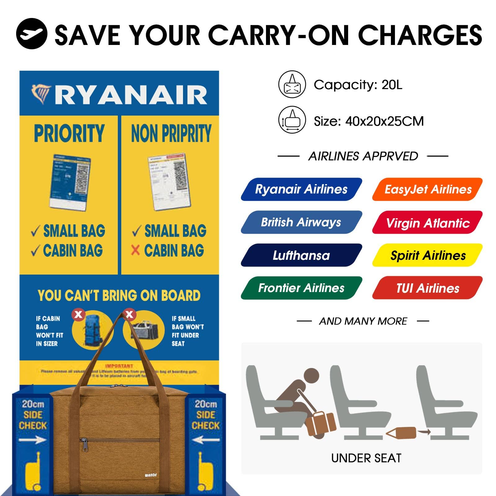 wandf - Wholesale Weekender Bag - Women's - Airplane Personal Item Travel Bag Best Underseat Bag WF112262