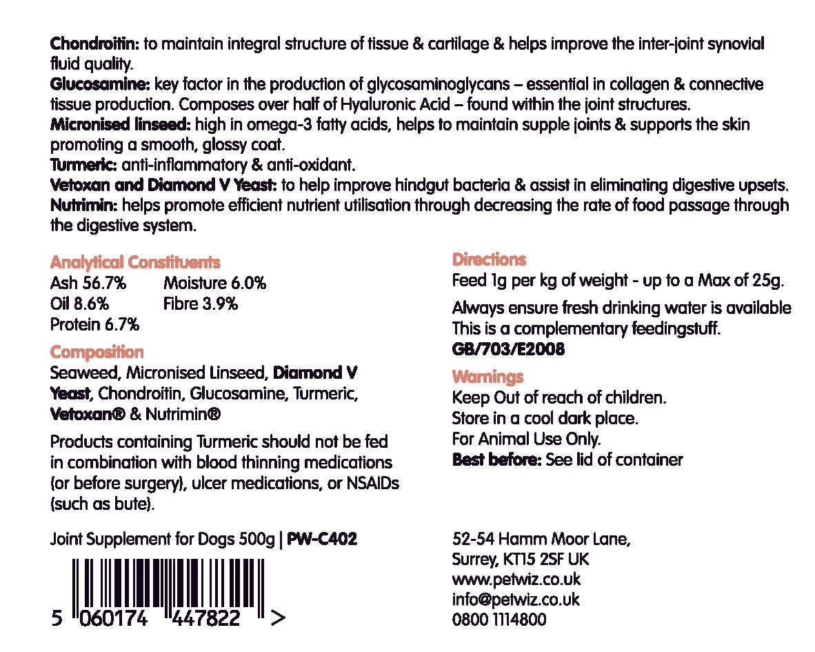 Pet Wiz – wholesale Pet supplement – Dog – Natural Joint Supplement for Dogs - Without Bute - 500g2