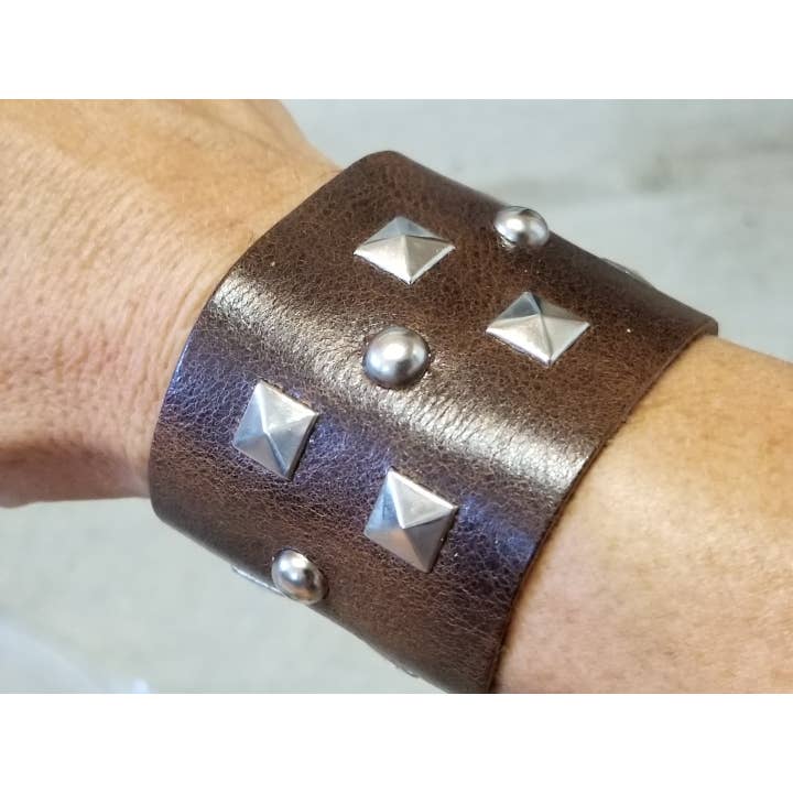 Studded Leather Cuff - Distressed Brown for wholesale by Shrake Culture