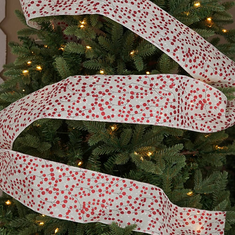 Holiday Depot Inc. - Wholesale Ribbon - Gift Wrapping - R32965-Wired Ribbon-Cream Burlap w. Red Berries (4inW)6