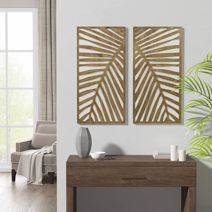 Olliix - Wholesale Decorative Panel - Carved Palm Leaves Tropical 2-Piece Wood Wall Art Home Decor