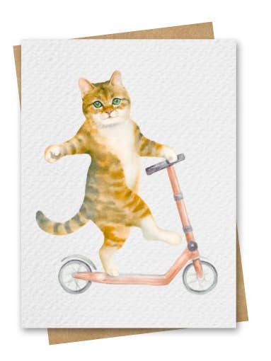 Cat on Scooter Blank Greeting Card - Includes Kraft Envelope for wholesale by Paper Kuts