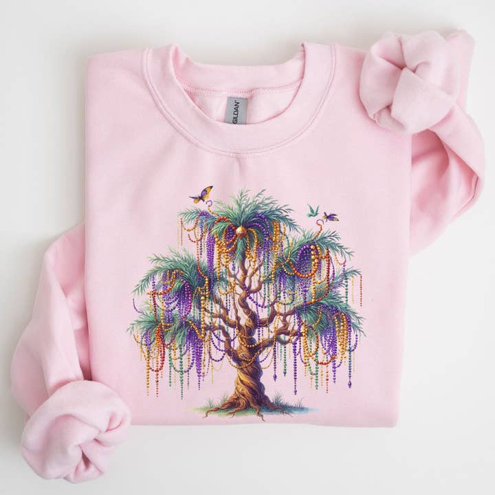 Mardi Gras Tree, Beads Fleur de Lis, Fat Tuesday Sweatshirt for wholesale by Refinery Number One LLC